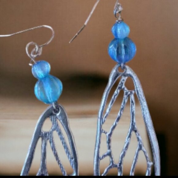 Silver Plated Turquoise & Blue Leaf Drop Bohemian Earrings  Hand Crafted - Picture 3 of 3